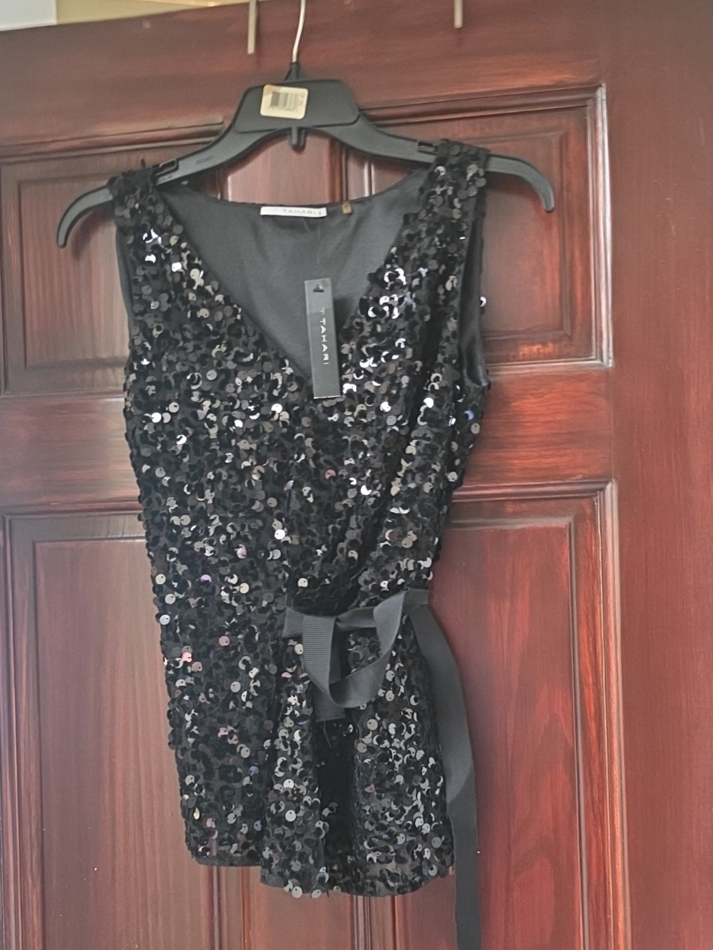 T Tahari Black Sequined Satin Wrap Evening Top In Size Extra Small